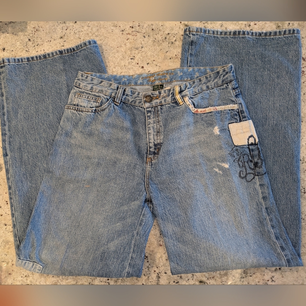 LRL Ralph Lauren Patchwork Straight Wide Leg Jeans Size 10 Vintage Distressed - Picture 2 of 16